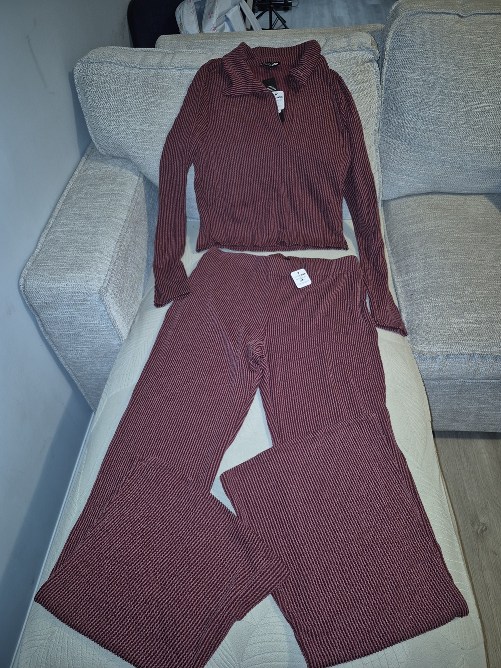 Fashion Nova Burgundy Ribbed Two-Piece Lounge Set